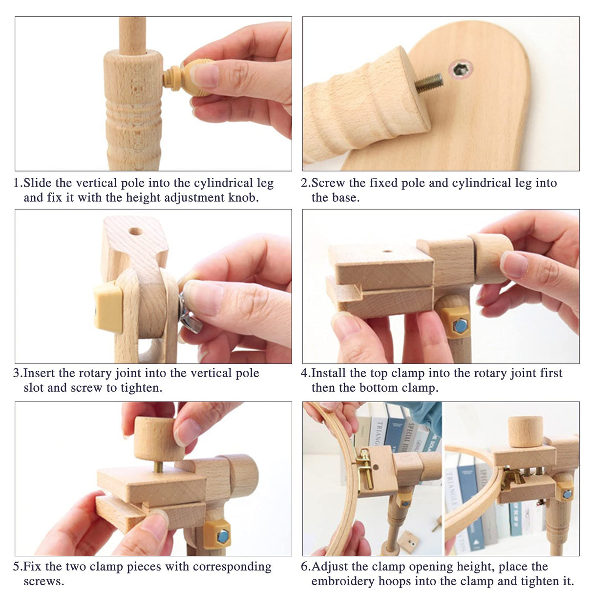 ZOCONE Beech Wood Adjustable Rotated Embroidery Hoop Stand with 2 Pcs 6'' 8'' Embroidery Hoops, Wooden Embroidery Stand, Embroidery Hoop Holder for Cross Stitch and Embroidery Project (A) ZOCONE