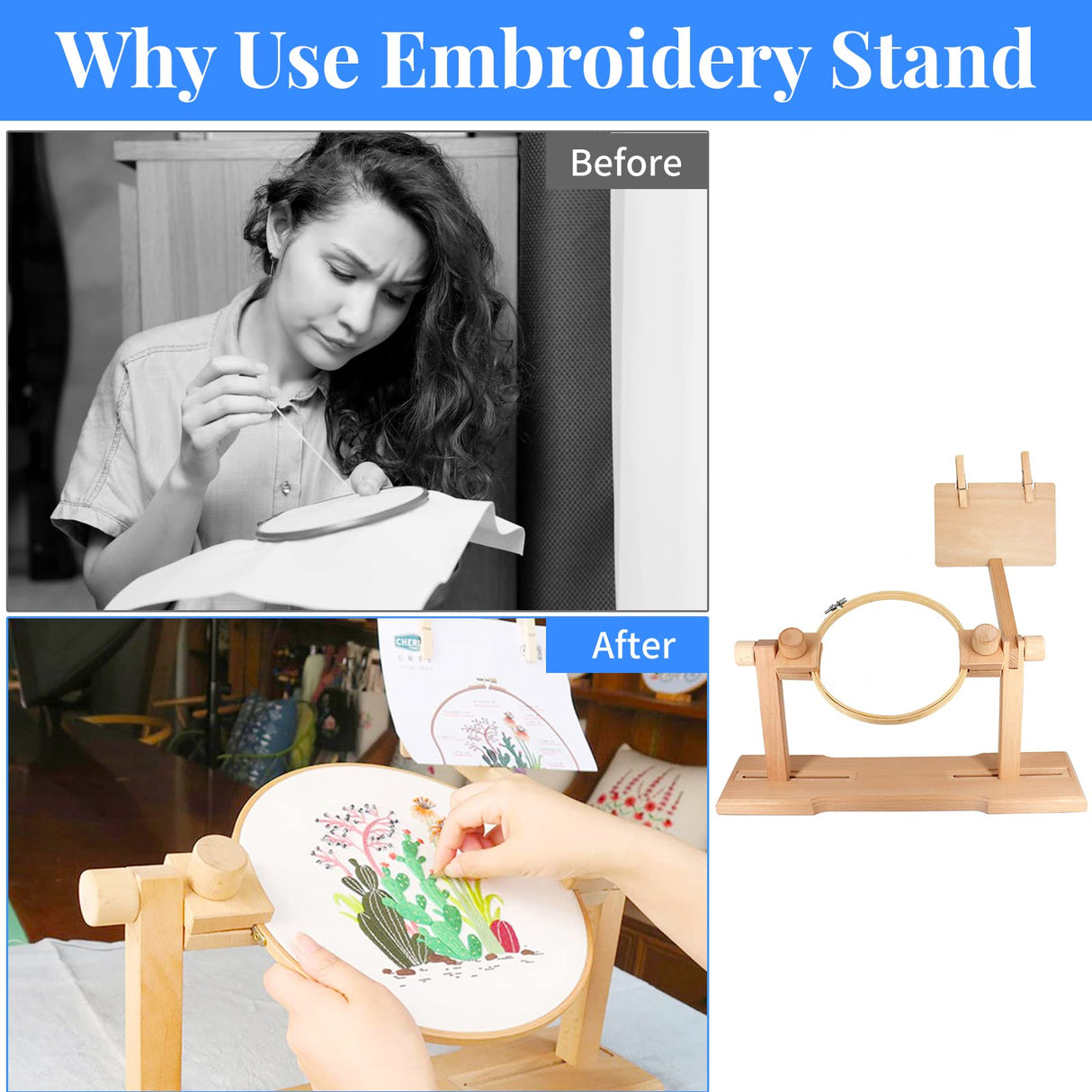SolidGnik Embroidery Stand, Adjustable Embroidery Hoop Holder, Cross Stitch Stand with Embroidery Kit and 3PCS Embroidery Hoops SolidGnik