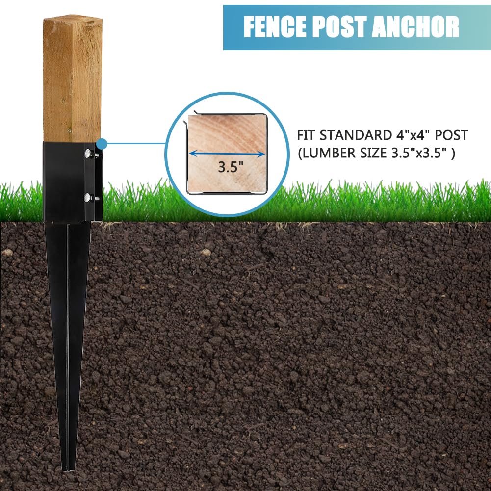 Furnishh Metal Anchor and Stakes - 4x4 Fence Post Holders, Black Ground Post Spikes, 24" Long, Set of 4 Furnishh