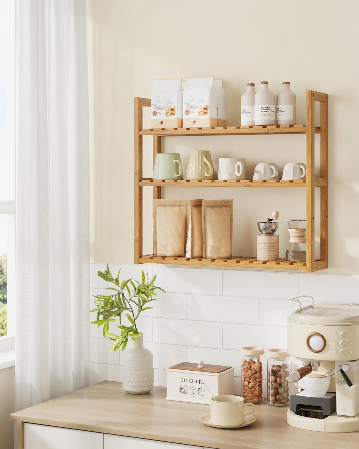 SONGMICS Bamboo Bathroom Shelf, 3-Tier Adjustable Plants Rack, Wall-Mounted or Stand, in the Living Room, Balcony, Kitchen, 5.9 x 23.6 x 21.3 Inches, Natural UBCB13Y SONGMICS