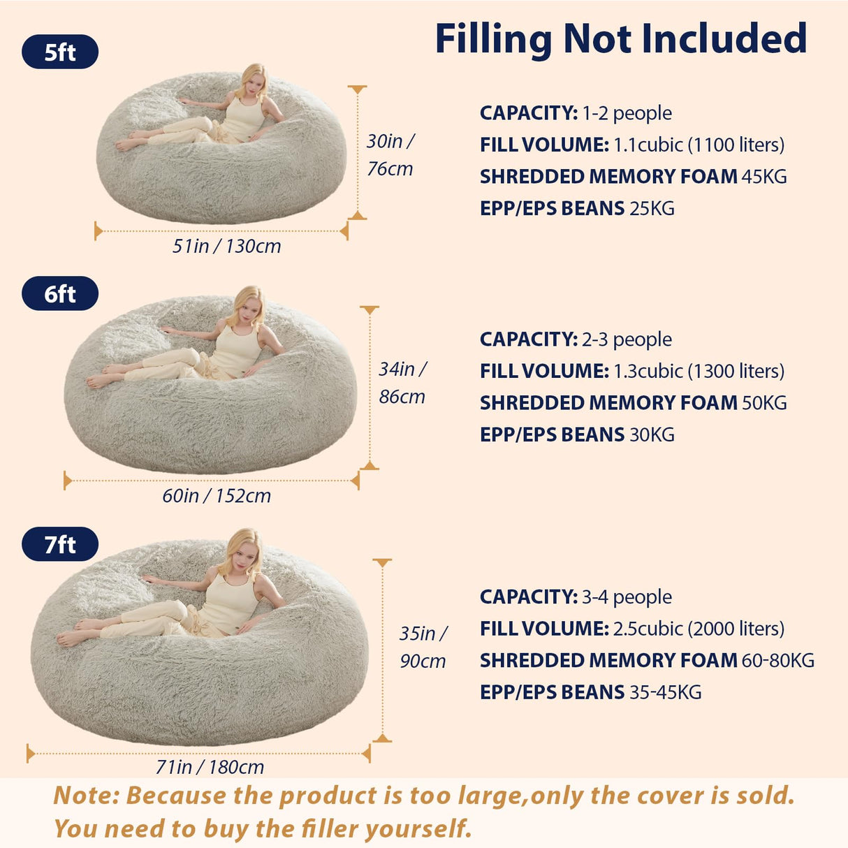 Bean Bag Chair Cover, Waterproof Faux Fur Bean Bag Cover Only(No Filler), 5FT Round Beanbag Chair with Pocket, Big Giant Bean Bags Chairs for Adults Kids Teens, Stuffed Animal Storage ODreamyDogs