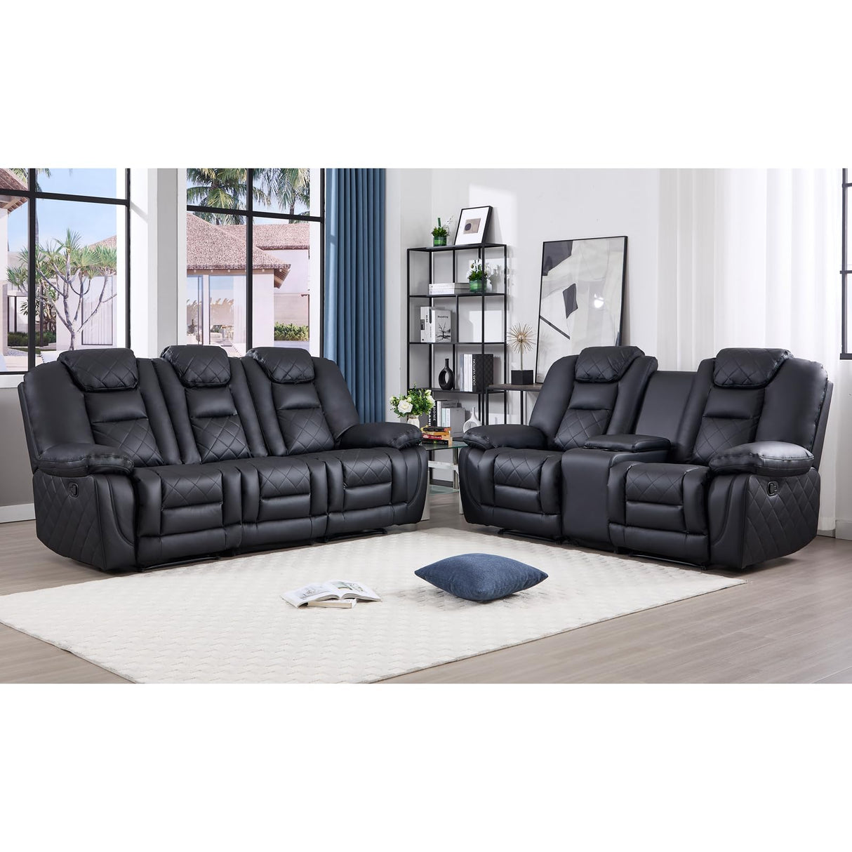 EBELLO Manual Recliner Sofa Set, Faux Leather Reclining Living Room Furniture Set, Included Single Chair and 3 Seat Manual Recliner Sofa, Black(Loveseat+Sofa) EBELLO