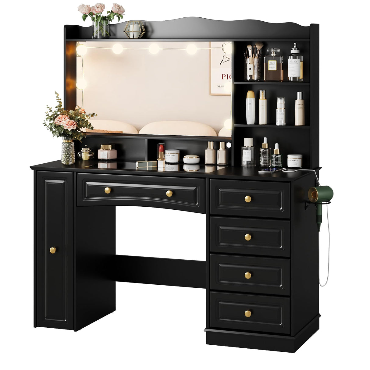 Maupvit Makeup Vanity with Mirror and Lights,Black Vanity Desk with Drawers and Shelves,Large Makeup Table with Glass Top,Bedroom Dressing Table,47.1in Maupvit