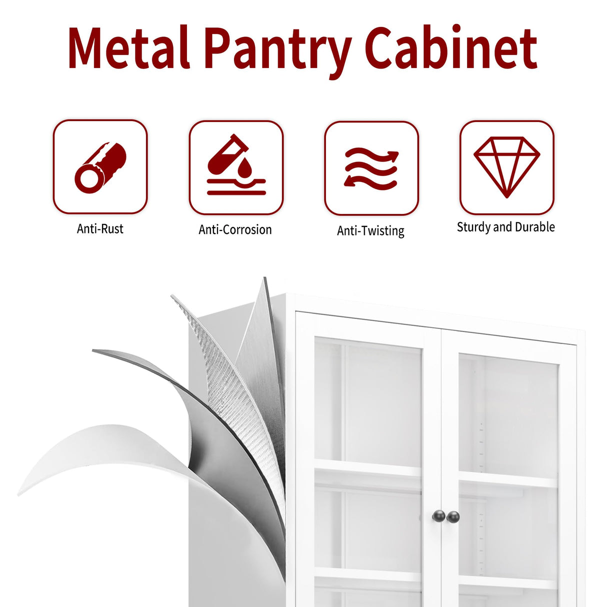 AQY Kitchen Pantry Cabinet,72" White Pantry Storage Cabinet with Adjustable Shelves and Glass Doors,Freestanding Cupboard,Metal Pantry Cabinets with Handle for Living Room Kitchen Assembly Required AQY