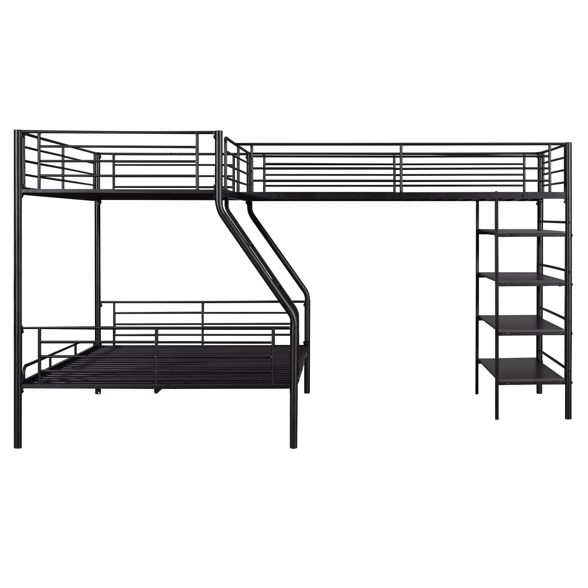 MERITLINE Metal L-Shaped Bunk Bed,Triple Bunk Beds for Three, Twin Over Full Bunk Bed Attached A Twin Loft Bed with Four Built-in Shelves Underneath,3 Bunk Beds for Kids Boys Teens,Black MERITLINE