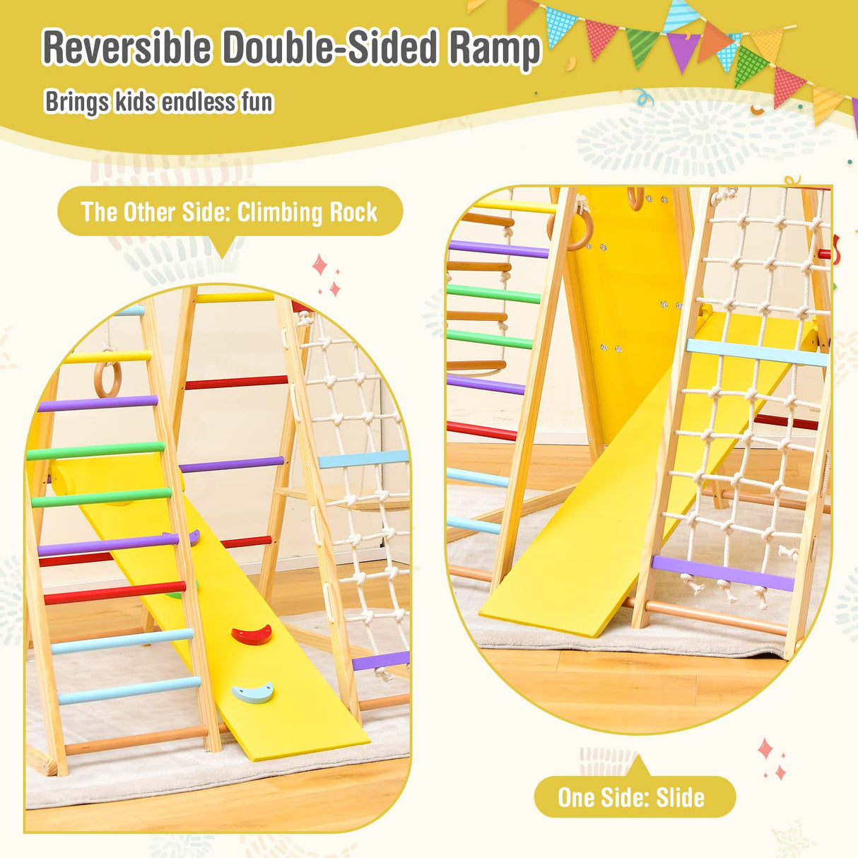 Costzon Indoor Jungle Gym, 8-in-1 Montessori Climbing Toys for Toddlers with Slide, Climbing Rock/Net, Monkey Bars, Indoor Wooden Playground Climber Playset for Kids 3-6 Years Birthday Costzon