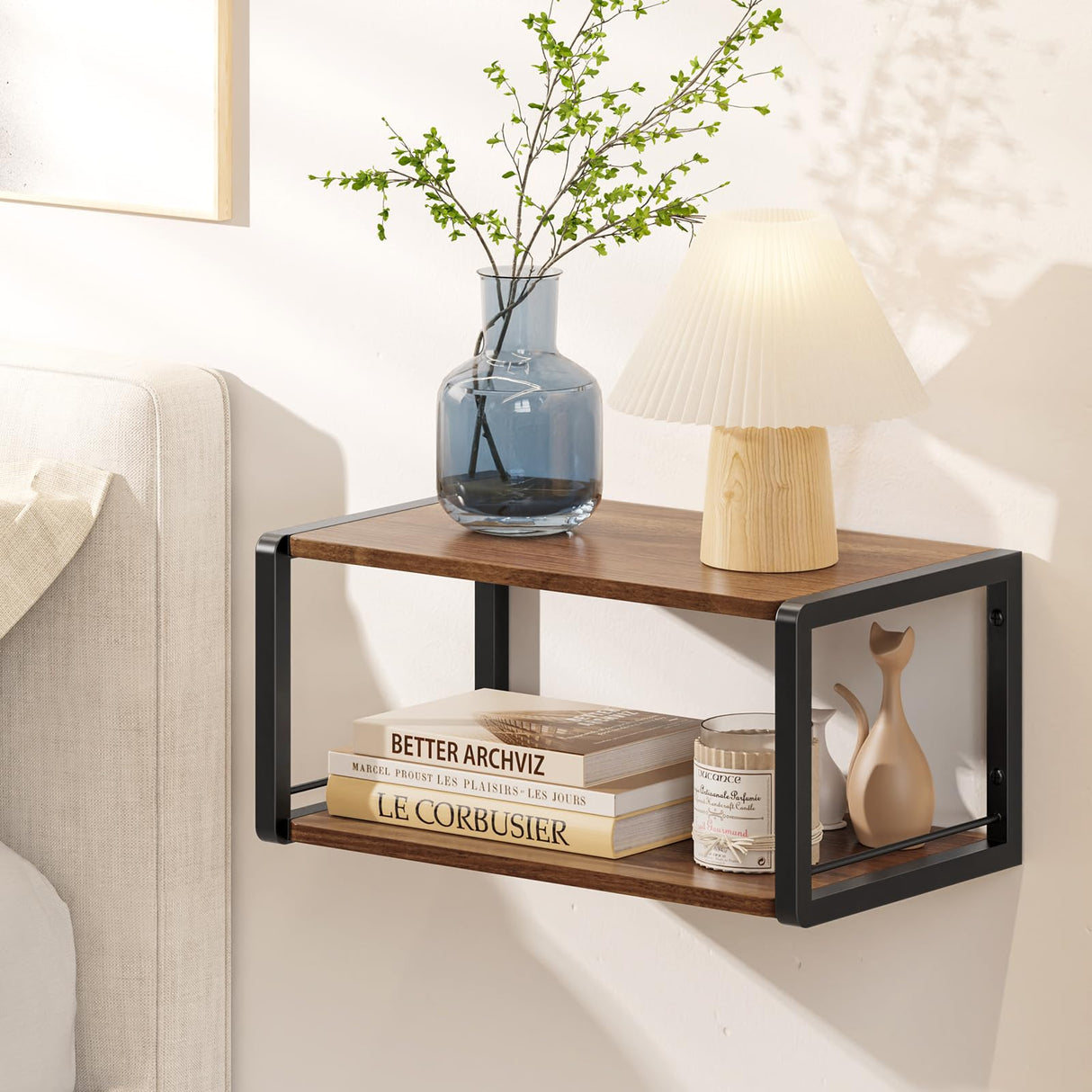 NANAGIFTREE Floating Nightstand, Wood Bedside Shelf Wall Mounted Nightstand with Heavy-Duty Frame, Floating Bedside Table for Bedroom, Bathroom, Kitchen, (Vintage Brown, 1 Pack) NANAGIFTREE