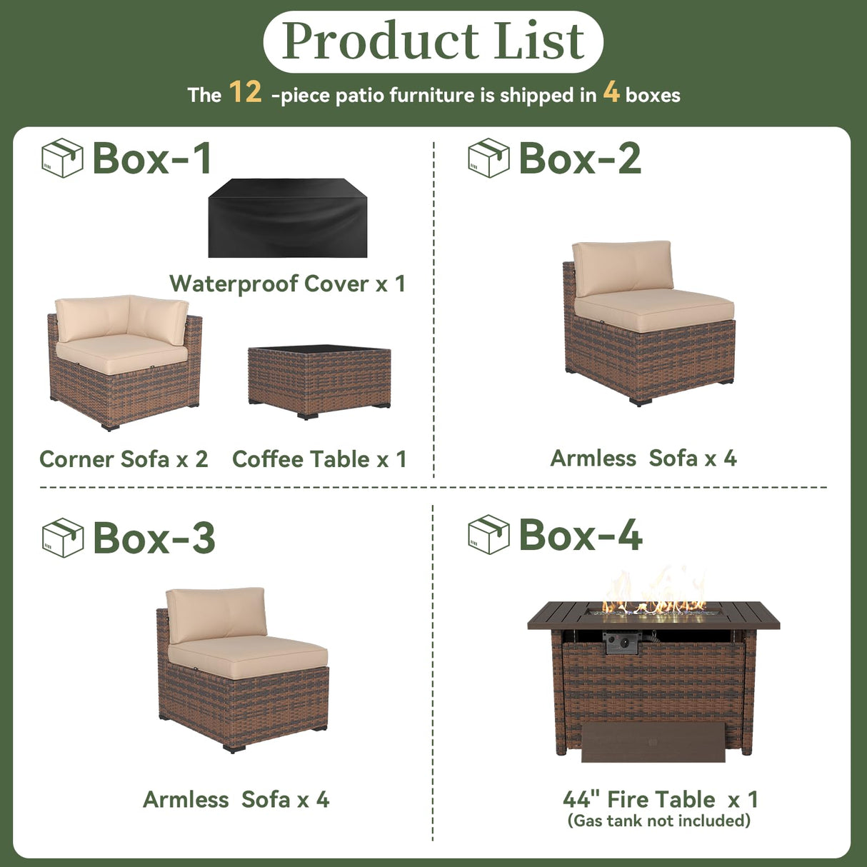 Aoxun 12 Piece Patio Furniture Set with 44” Fire Pit Table Wicker Rattan Outdoor Sectional Sofa Set with Coffee Table and Thickened Cushions, Beige (Waterproof Cover Included) Aoxun