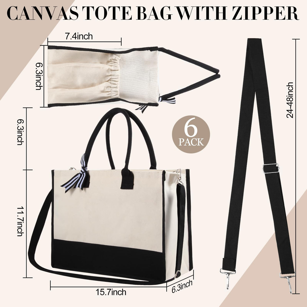 yeload 6 Pieces Canvas Tote Bags with Handles Shoulder Strap - Black and White Blank Sublimation Tote Bags for Women, Bridesmaids, and Daily Use - Bulk Zipper Tote Bags for DIY Crafts and Gifts yeload