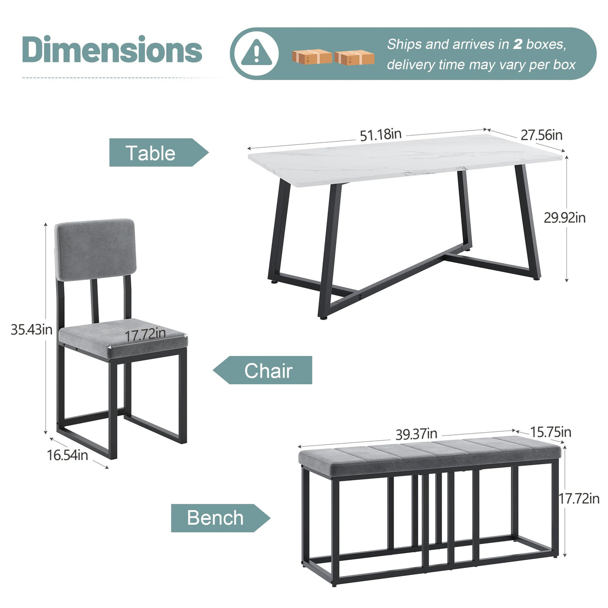 HUGROVE 6-Piece Dining Table Set, 51.18'' Faux Marble Rectangular Table with 4 Velvet Upholstered Dining Chairs and Bench, Modern Kitchen & Dining Room Furniture for Family Gathering (Dark Gray) HUGROVE