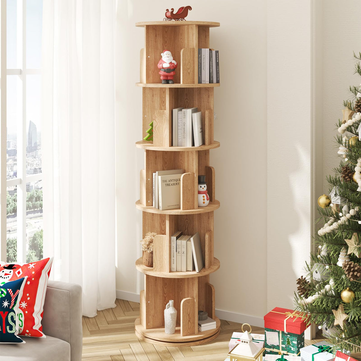 MXV Rotating Bookshelf, 360° Display 5 Tier Floor Standing Bookcase, Storage Rack for Kids&Adult, Multi-Functional Bookshelf Organizer for Bedroom, Study Room and Living Room MXV