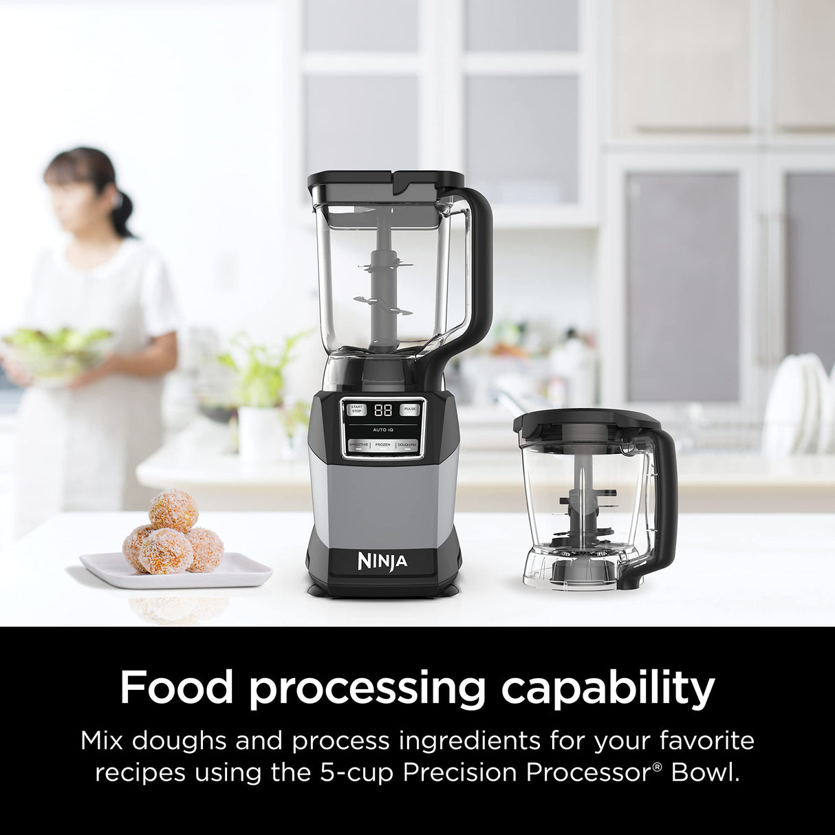 Ninja Blender, Compact Kitchen System, 1200W, 3 Functions for Smoothies, Dough & Frozen Drinks with Auto-IQ, 72-oz.* Blender Pitcher, 40-oz. Processor Bowl & 18-oz. Single-Serve Cup, Grey, AMZ493BRN Ninja