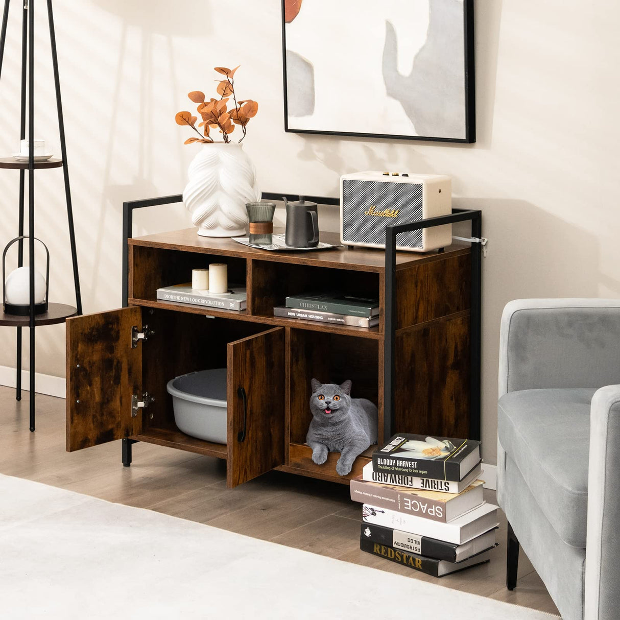 Giantex Cat Litter Box Enclosure - Cat Washroom Hidden Furniture with Front Entry, Cat Scratcher, 2-Door Storage Cabinet, 2 Compartments, Air Vents, Metal Frame, Wooden Pet Crate House (Rustic Brown) Giantex