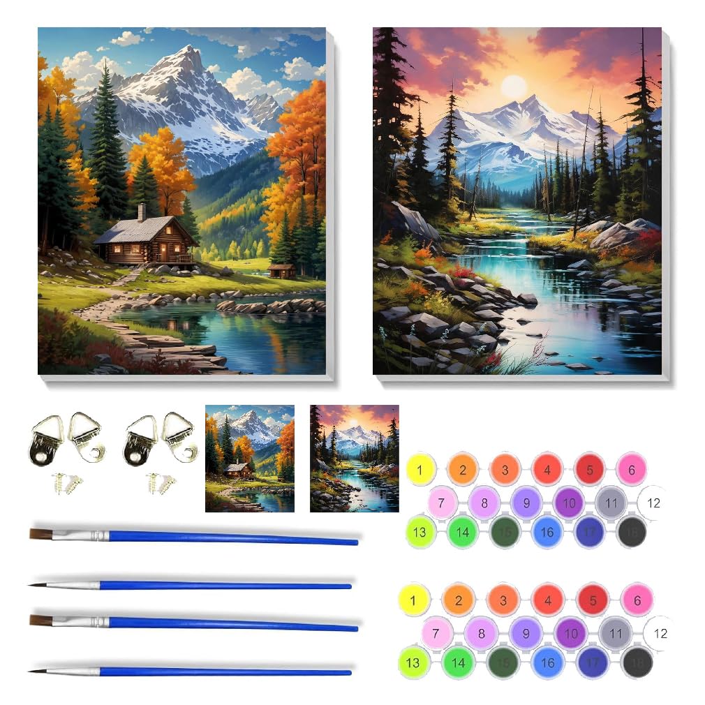 2 Pack Mountain Paint by Numbers Kit for Adults Beginner with Framed,Easy Adult Paint by Number Kits on Canvas DIY Painting for Beginners Art by Numbers for Home Wall Decor 10x12 Inch NEGEKFKX