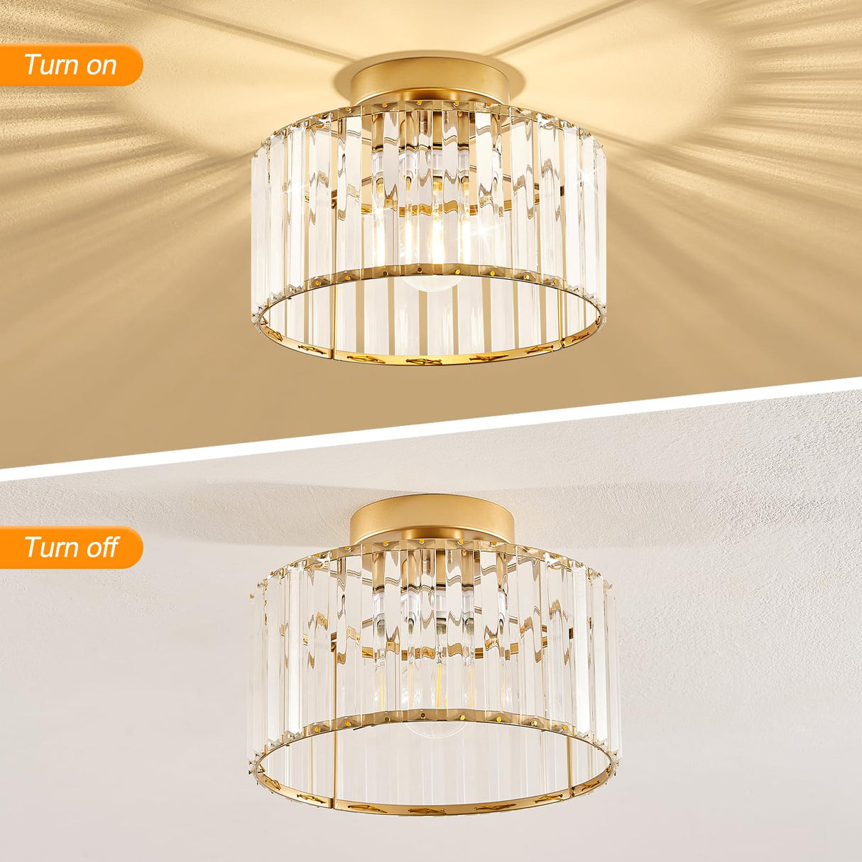 VIOLOEMI Crystal Gold Semi Flush Mount Ceiling Light Modern Hallway Light Fixture Metal Close to Ceiling Lamp for Kitchen Living Room Bathroom Entryway Bedroom(10.63 inch) VIOLOEMI