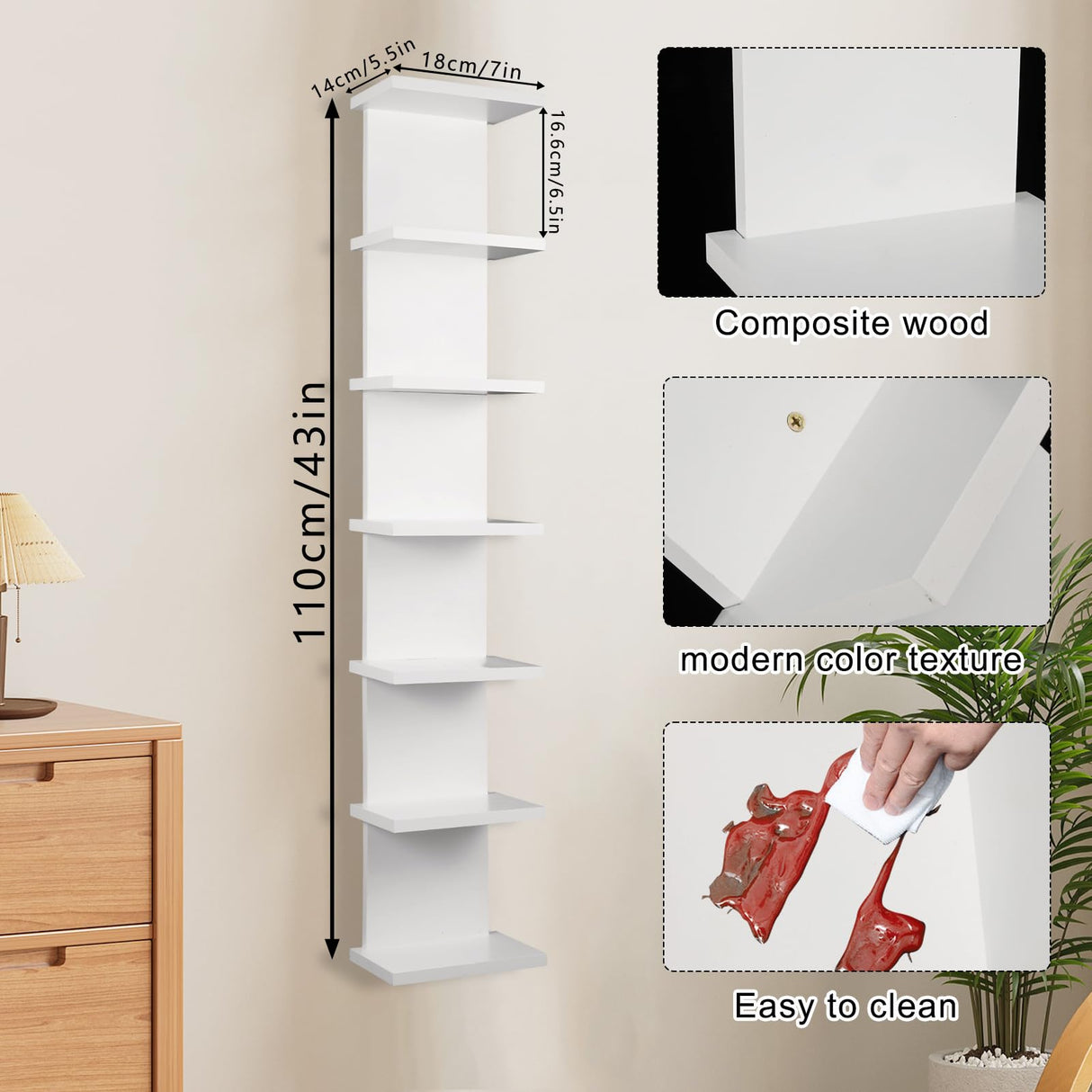 2 Pack 7 Tier Wall Shelf Unit - 43" Lack Floating Shelf, Compact Display Floating Shelf, Vertical Column Wall Decor Mount Floating Storage Organizer Tall Tower Shelf for Bedrooms, Living Rooms YEXEXINM
