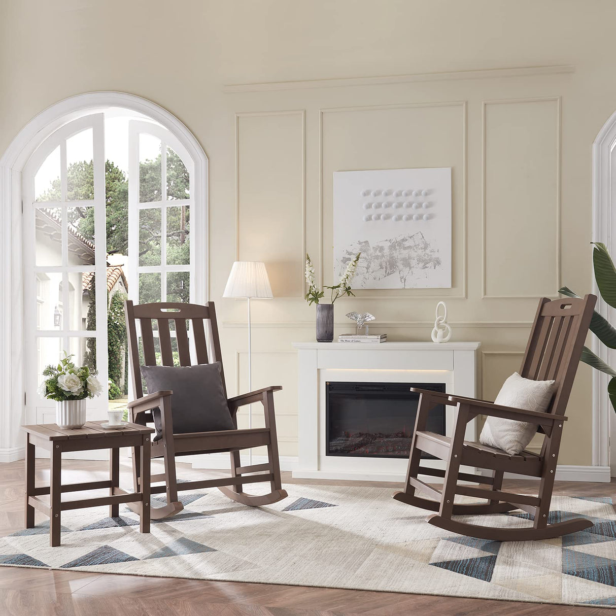 Psilvam Patio Rocking Chair, Oversized Poly Lumber Porch Rocker with High Back, Easy-Assemble Poly Rocker Chair for Both Outdoor and Indoor, Relaxing Gift for Parents (Brown) Psilvam