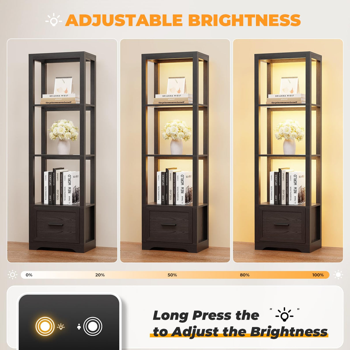 BROTTAR Display Shelf with 3 Color Light, Bookshelf with Drawer, Dimmable LED Floor Lamp with Shelves, Display Case, Display Standing Shelf Unit for Bedroom, Living Room, Black BROTTAR