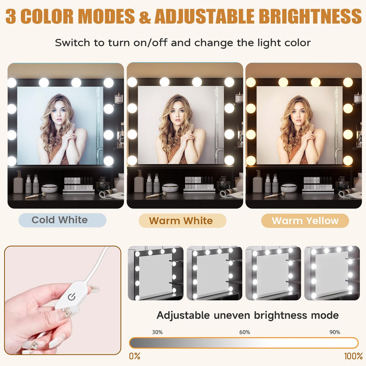 DINGIPP Makeup Vanity Desk with Lighted Mirror and Charging Station, Makeup Table with 4 Drawers & Storage Shelves, Vanity Desk 3 Color Modes Available, Bedroom Dressing Table for Women, girls (Black) DINGIPP