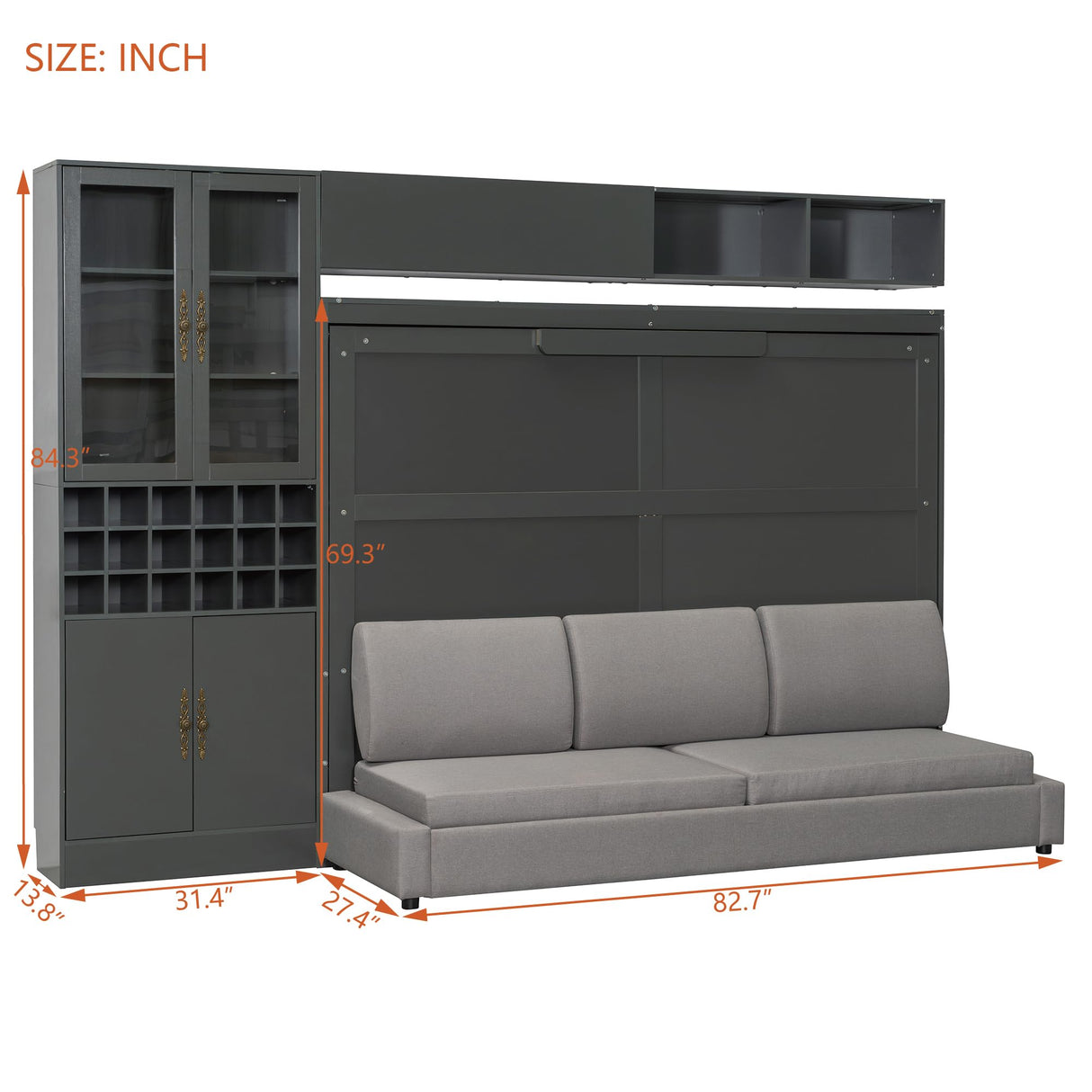 Ball & Cast Murphy Bed Queen Size Wall Bed with Sofa,Hideaway Cabinet w/Shelves USB & Light,can be Folded Bedframe,Glass Cabinet and Retro Handle,Wine,Top Storage,Space-Saving,for Apartment,Gray Ball & Cast