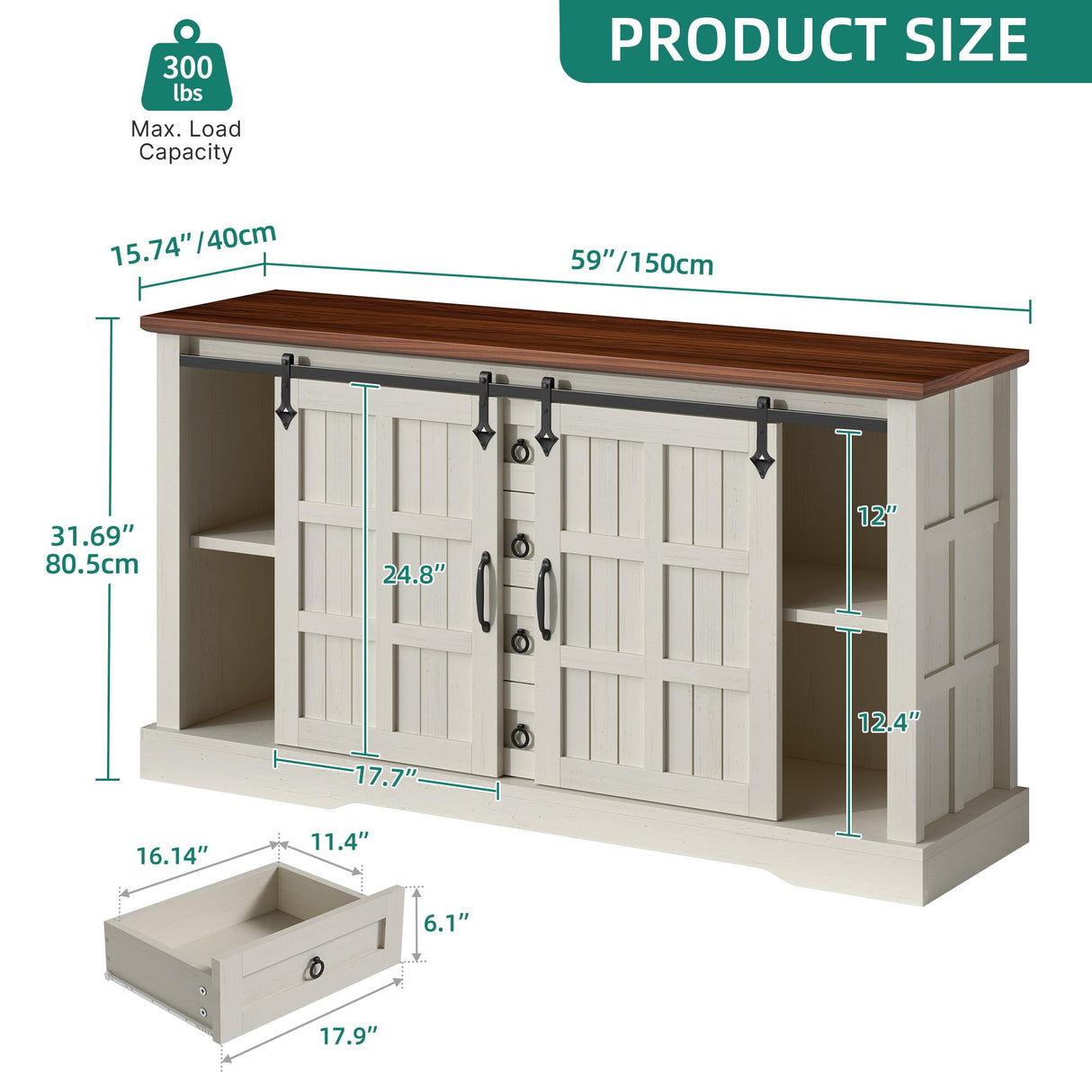YITAHOME Farmhouse Buffet Cabinet with Storage, 59" Sideboard Cabinet w/Sliding Barn Doors and 4 Drawers, Kitchen Cabinets for Living Room, White Oak YITAHOME