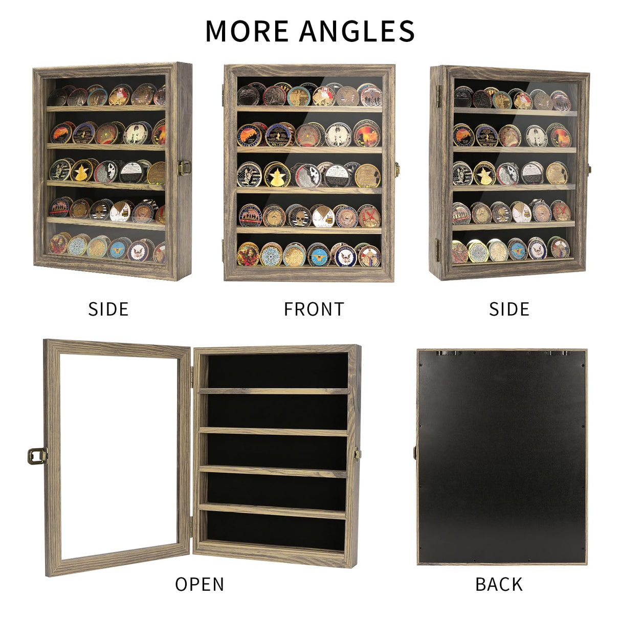 DecoWoodo 5 Rows Military Challenge Coin Display Case with HD Tempered Glass Door, Medal Display Cabinet with Removable Shelves, Poker Chip Coin Holder Shadow Box for Collectors, Rustic Wood Finish DecoWoodo