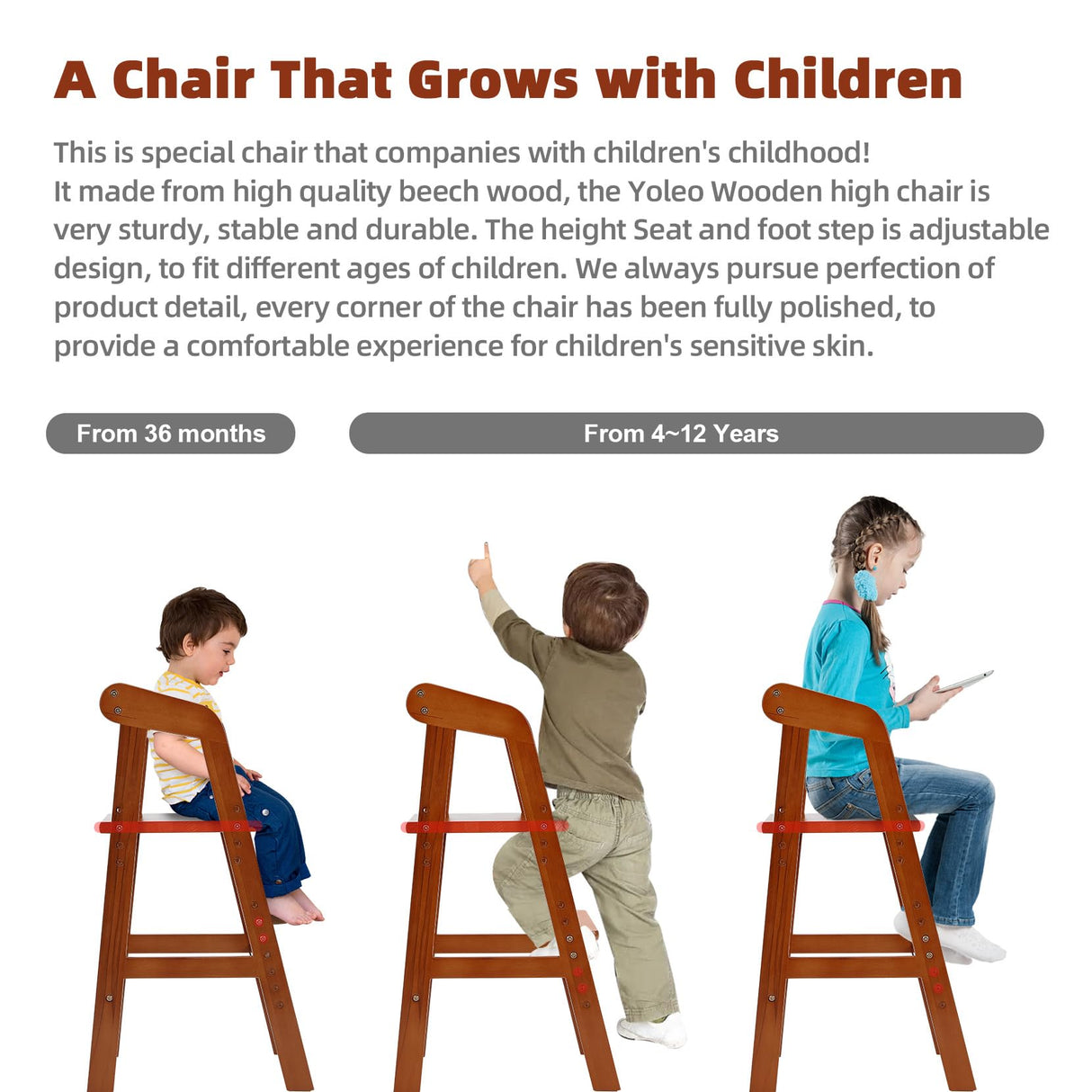 Yoleo Wooden High Chair for Toddlers to Teens, Adjustable Dining Feeding Chair with Steps Grows with Child, Max 60kg (Nut-Brown) YOLEO