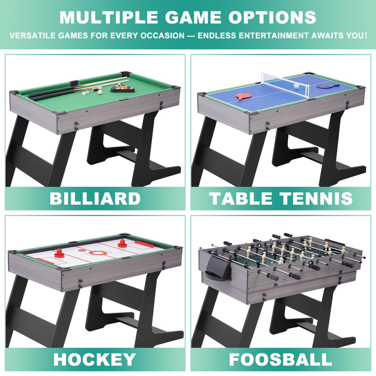4-in-1 Multi Game Table, 54" Foldable Combo Game Table Set with Ping Pong, Hockey, Pool Billiards and foosball for Adults, Kids, Home, Game Room, Friends & Family RAYKEEP