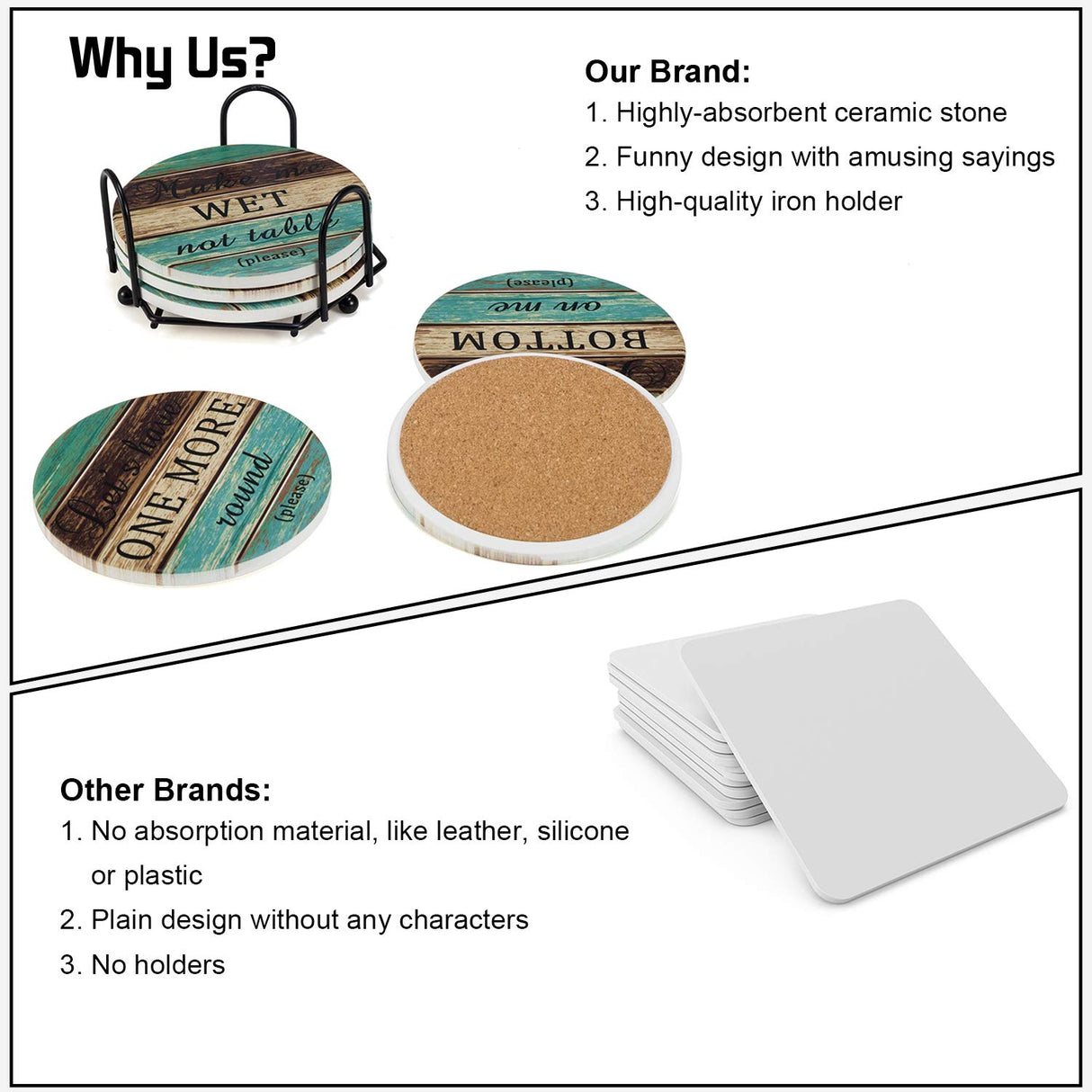 Ceramic Coasters for Drinks Absorbent, Esur Rustic Farmhouse Stone Coaster Set of 6 with Metal Holder for Wooden Table Protection, Funny Style for Bar Home Decor, Housewarming Gift esur