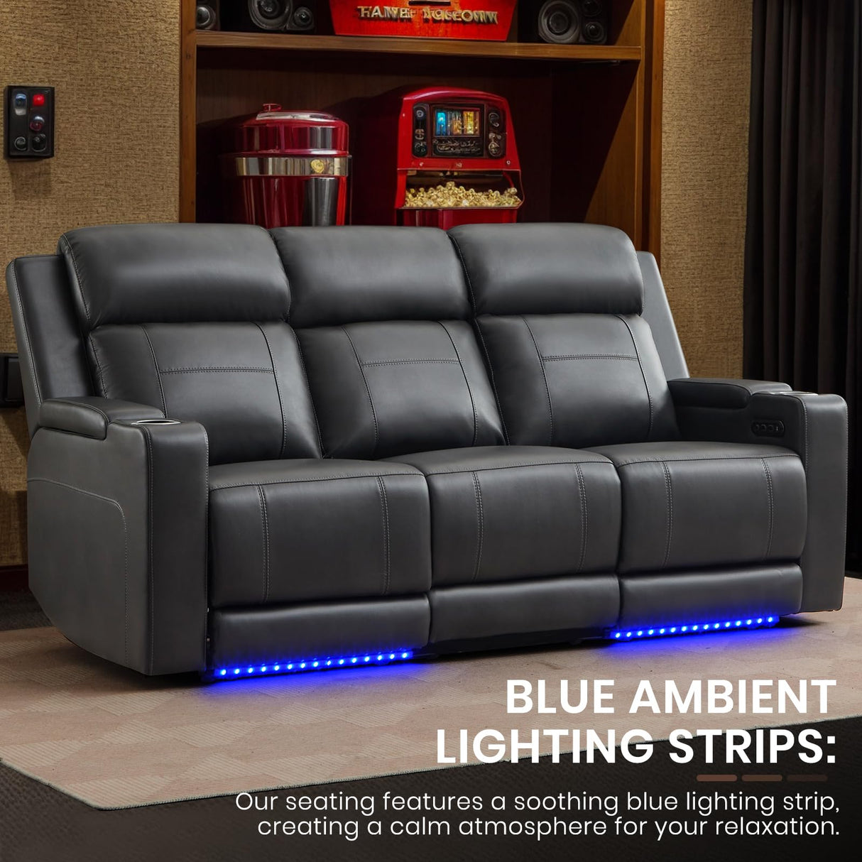 Netpane Breathable Leather Power Recliner Sofa Set with LED, Power Reclining Sofa and Loveseat Set with Adjustable Headrest/Wireless Charger/Storage Console for Living Room/HomeTheater (Grey&Black) Neptane