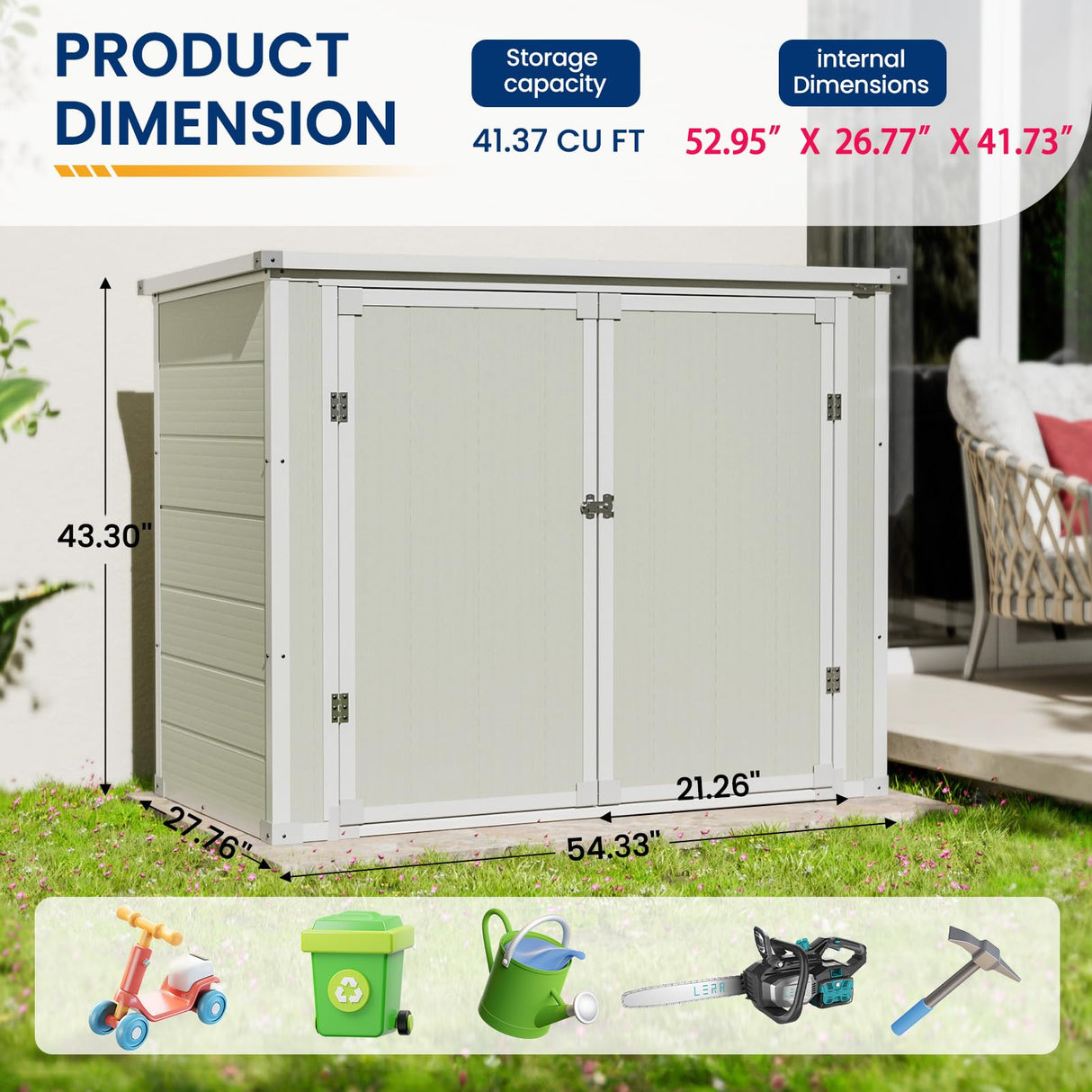 Amopatio 41 Cu Ft Outdoor Storage Shed, Horizontal Resin Trash Can Storage, Weather Resistance, Storage Box with Floor Included for Garden Tools, Lawn Mowers, Garbage Cans, Patio Use, Sandstone Amopatio