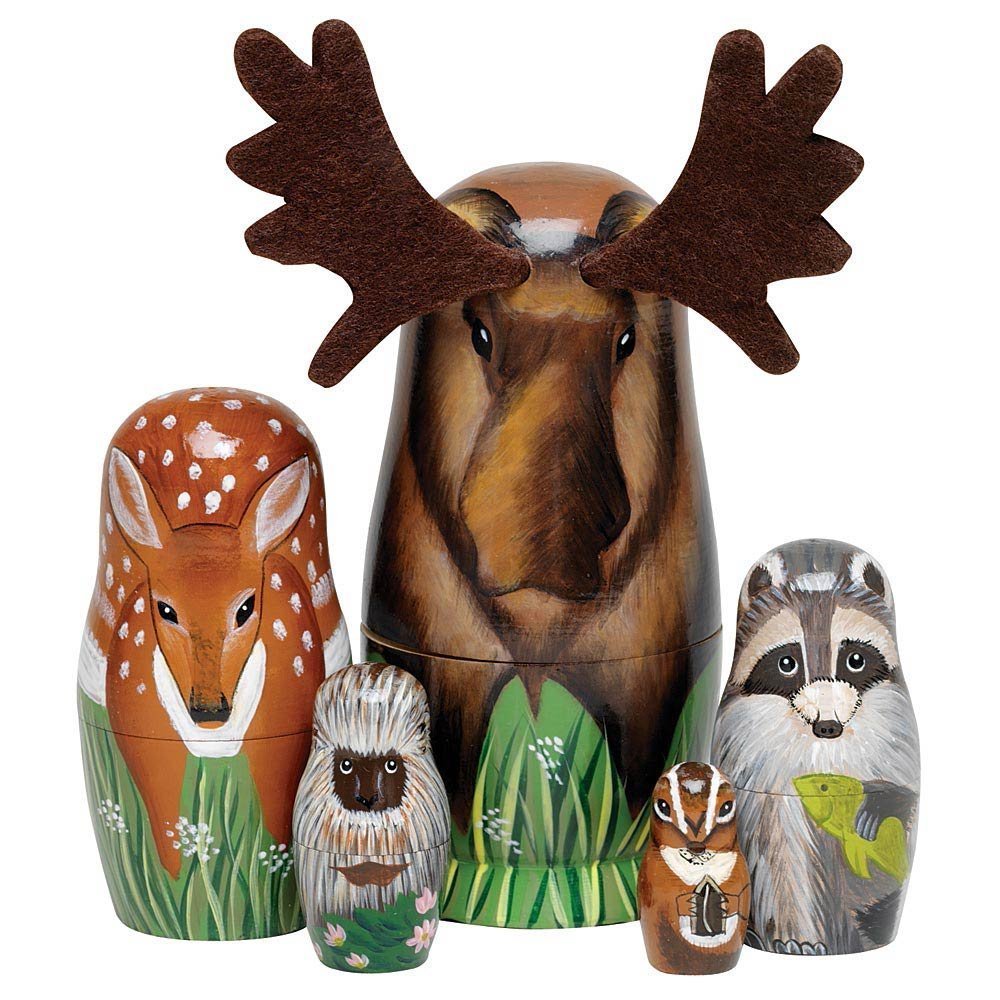 Bits and Pieces - "Woody and Friends" American Woodland Creatures Nesting Dolls - Hand Painted Wooden Animal Figurines - Set of 5 Bits and Pieces