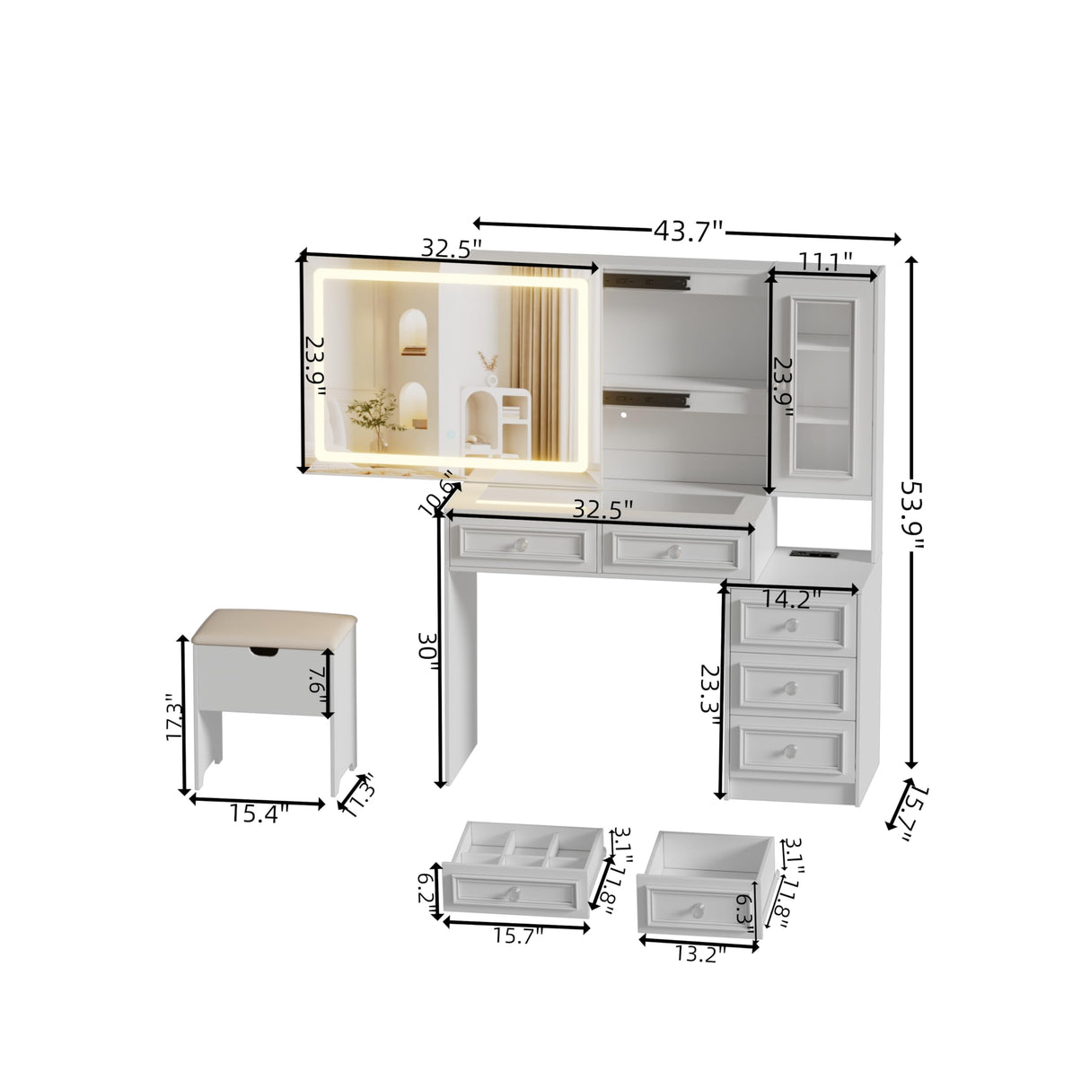 PAKASEPT Vanity Desk with Sliding Mirror and Lights, 44" Makeup Vanity Table with Glass Top, 5 Drawers, Storage Cabinet, 2 Hidden Storage Shelves, Charging Station & Stool Set for Bedroom, White PAKASEPT