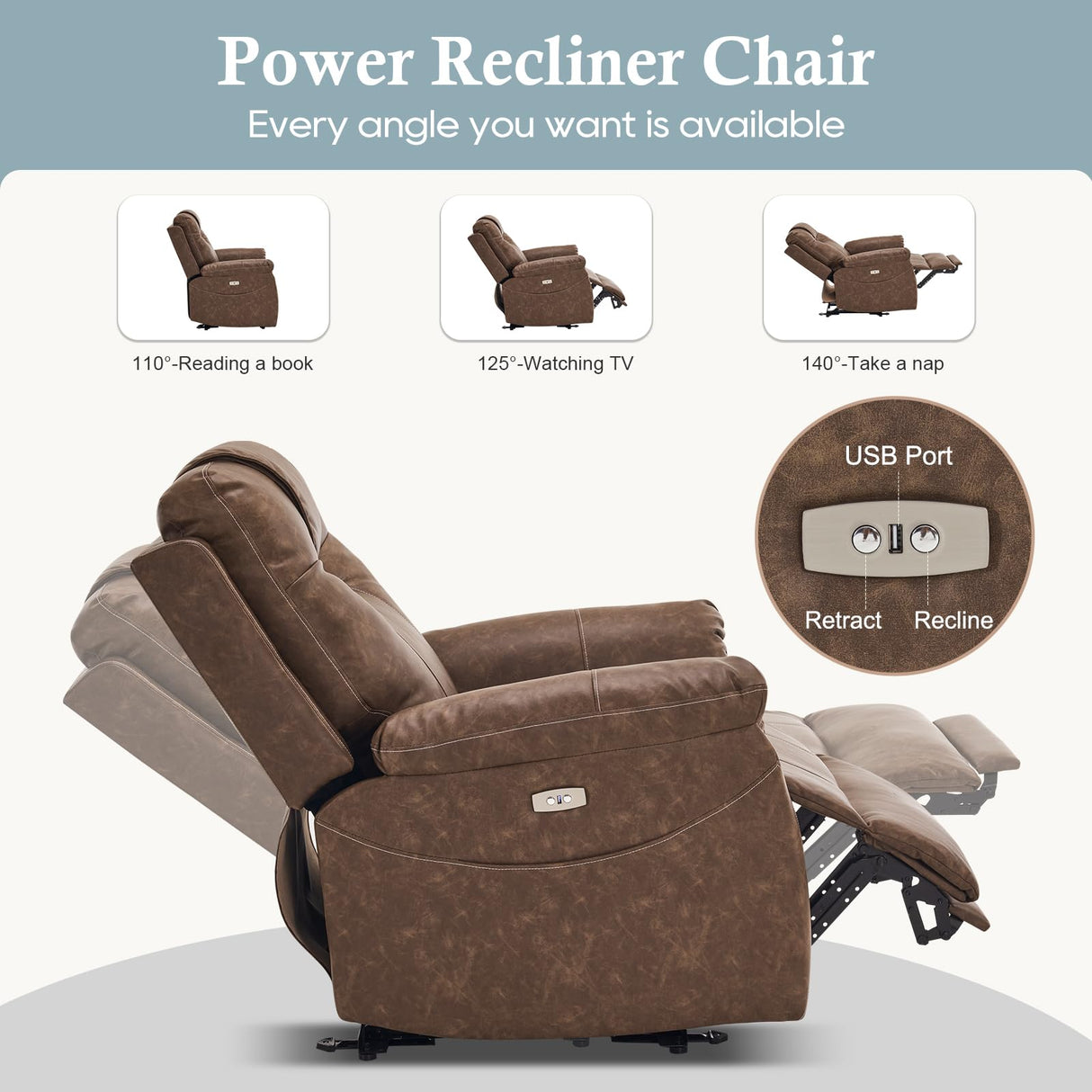 RIHEREFY Power Recliner Chair, Wall Hugger Recliner with Massage and Heat, PU Leather Recliner Chair with 2 Side Pockets & USB Ports for Living Room RIHEREFY