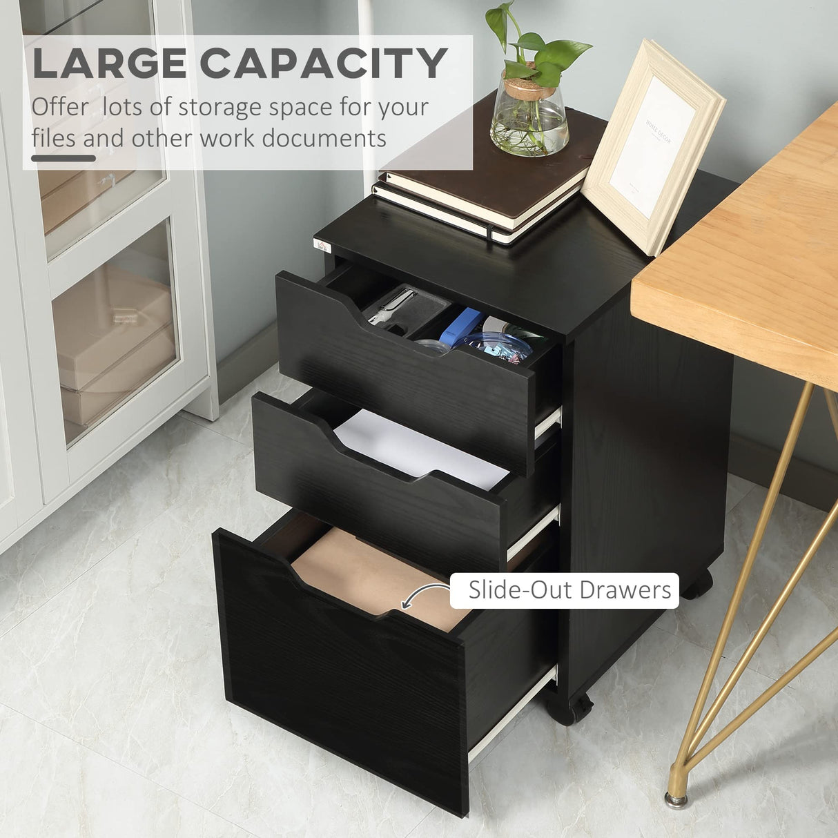 HOMCOM 3 Drawer Mobile File Cabinet, Rolling Printer Stand, Vertical Filing Cabinet, Black Wood Grain HOMCOM
