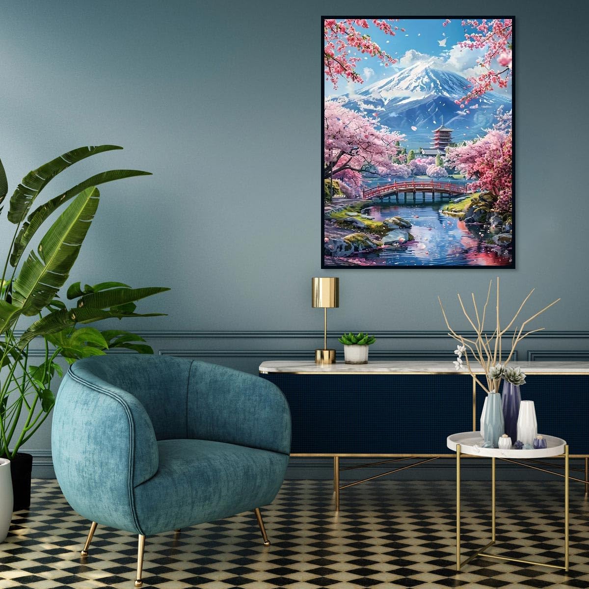 MOMDEDP 5D Mount Fuji Diamond Painting Kits for Adult, Mountain Sakura Diamond Art Kits for Beginners, DIY Full Drill Floral Diamond Dot Gem Art Kits for Home Decor 12 x 16 Inch Cherry MOMDEDP