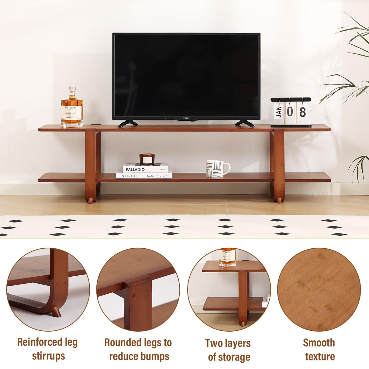 Tiita TV Stand with Storage for TVs up to 65'', Bamboo TV Console Entertainment Center with 2 Open Shelf, Mid Century Modern Media Console for Living Room, Bedroom, Walnut Tiita