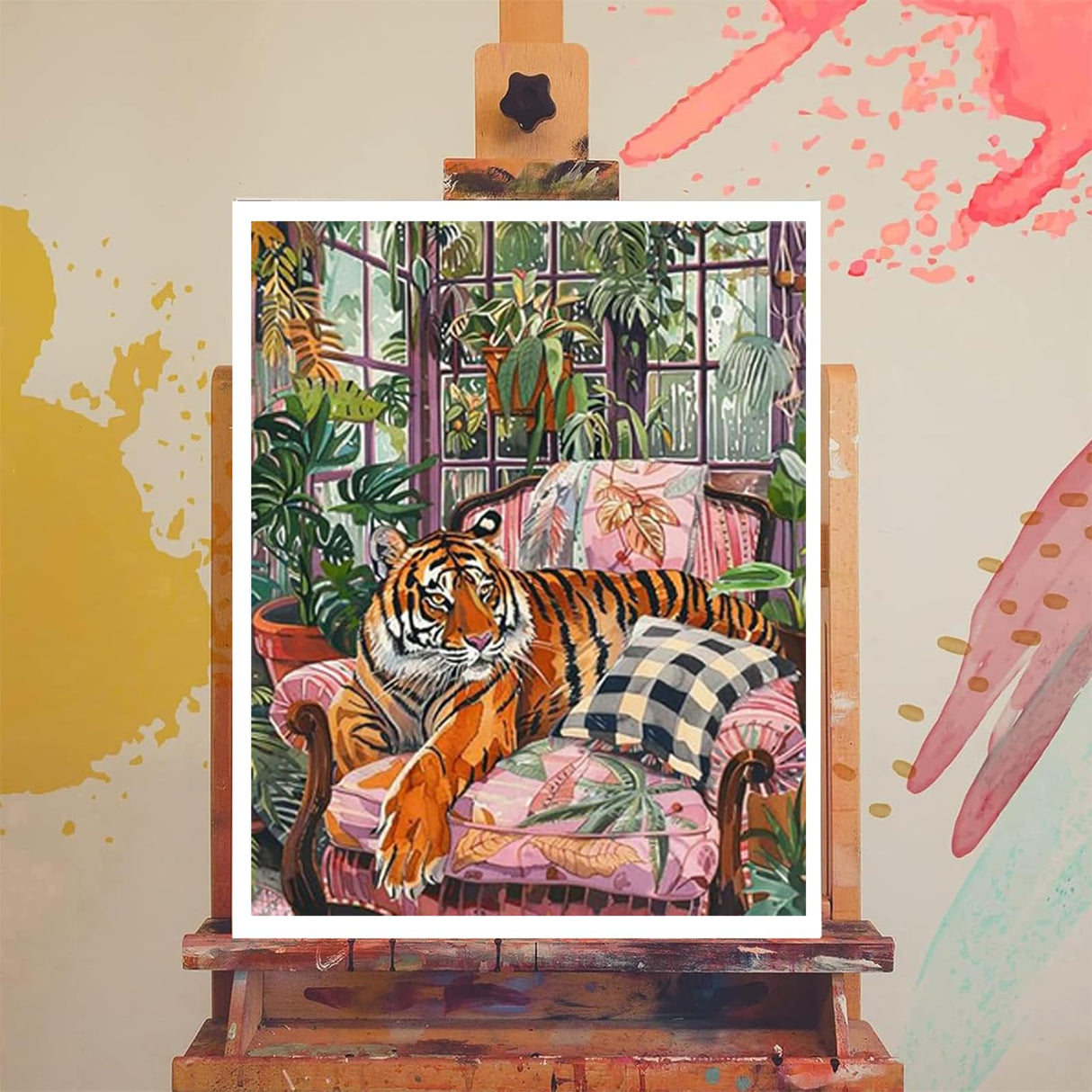 Tiger Lounging on Armchair Paint by Number Cute Animal Retro Painting DIY Painting on Canvas with Brushes Acrylic Paints Paint by Numbers for Adults and Beginner DIY Kit 16x20 Inch (without Frame) XTXGERL