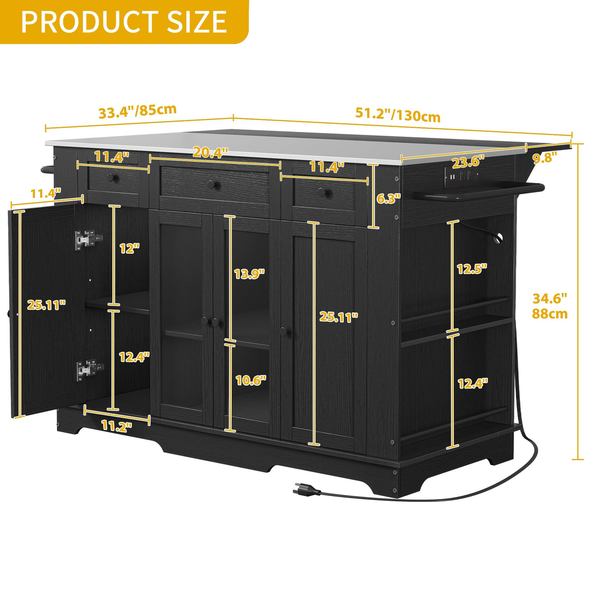 DWVO Kitchen Island w Stainless Steel Top Drop Leaf Bar Seating Power Outlet, 60" Large Rolling Mobile Center Islands w Folding Dropleaf Storage Drawer Cabinet Wheel Counter Height Metal Top, Black DWVO