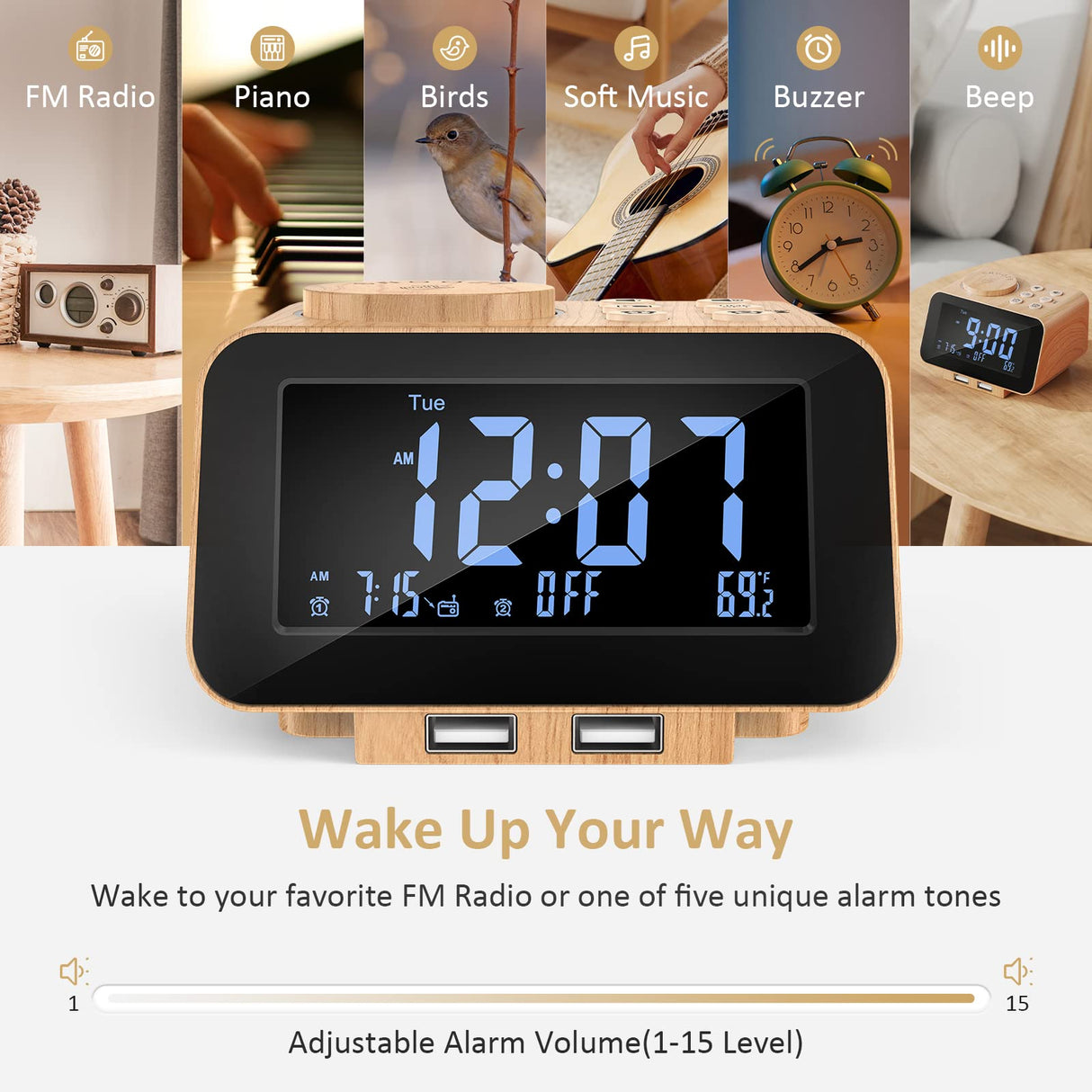 USCCE Digital Alarm Clock Radio - 0-100% Dimmer, Dual Alarm with Weekday/Weekend Mode, 6 Sounds Adjustable Volume, FM Radio w/Sleep Timer, 2 USB Charging Ports, Thermometer, Battery Backup(Wood Grain) uscce