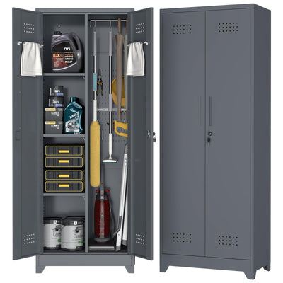 FATIGOS 65''H Broom Closet Storage Cabinets, Metal Utility Closet Storage Cabinet, Indoor Cleaning Cabinet with Adjustable Shelves and S-Hooks for Bathroom,Garage