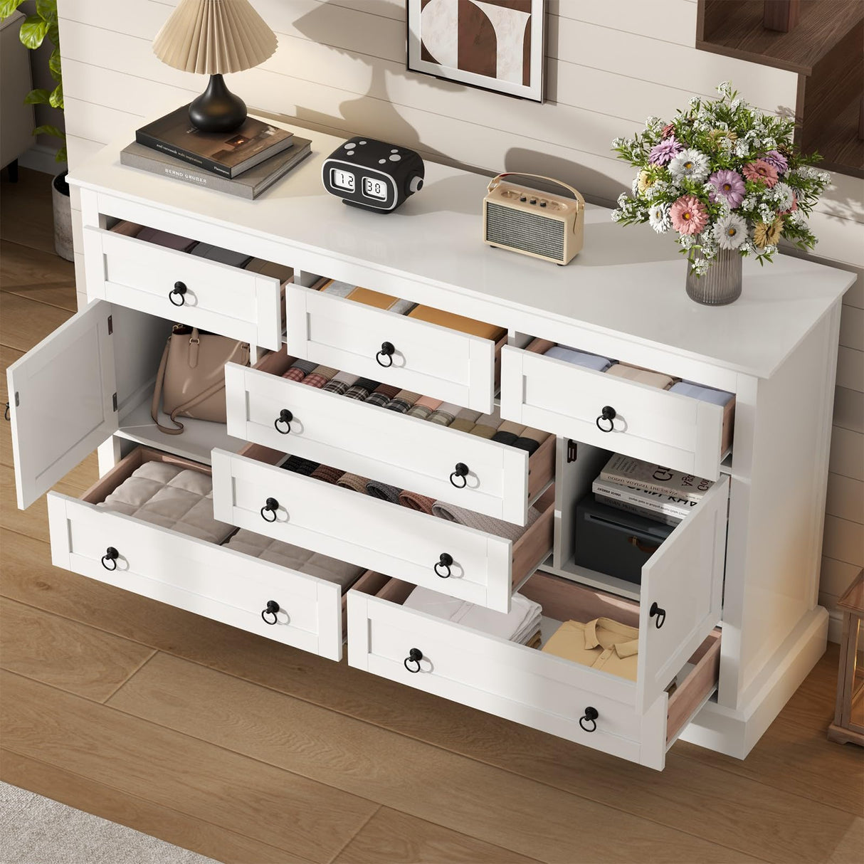 Gyfimoie Farmhouse 7 Drawer Dresser for Bedroom, 52 Inch White Chest of Drawer Dresser with Doors, Storage Dressers Organizer Cabinet for Bedroom, Living Room and Hallway Gyfimoie