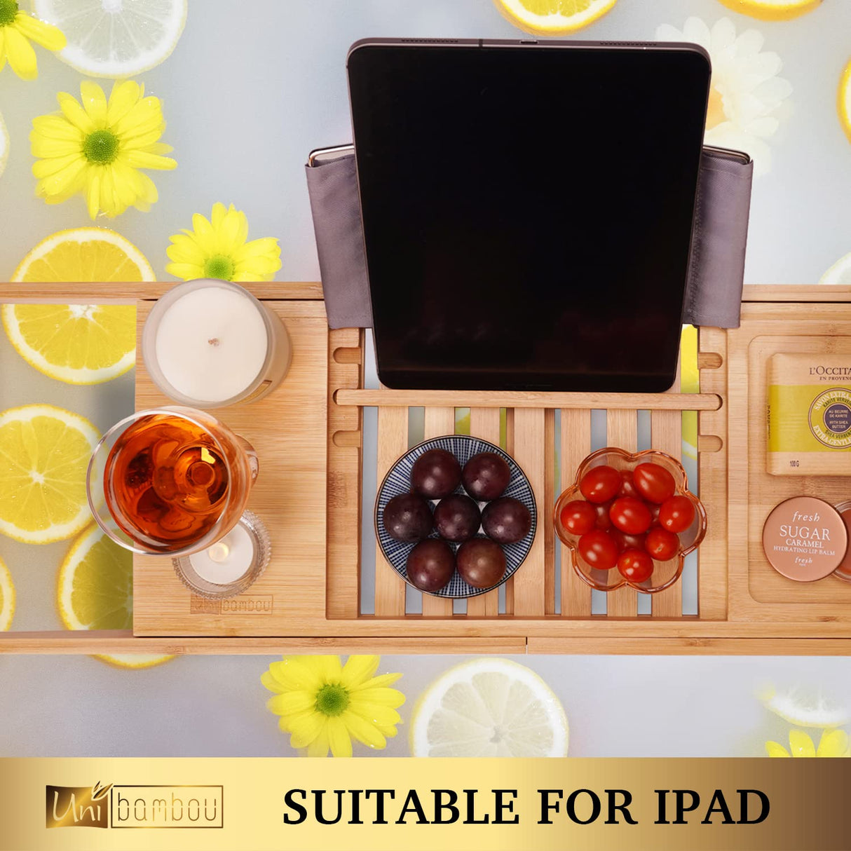 Bamboo Bathtub Caddy Tray for Luxury Bath, Expandable Bath Tray for Tub with Book and Wine Holder- Gift Idea for Loved Ones Unibambou