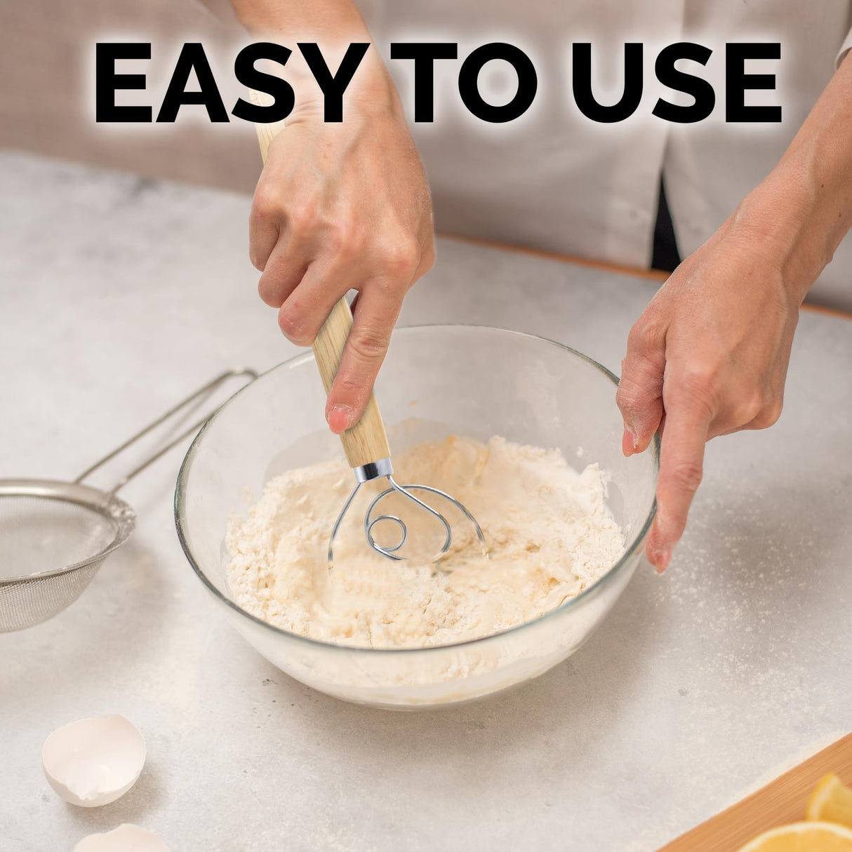 Zulay Kitchen 13-Inch Danish Dough Whisk - Wooden Danish Whisk for Dough with Stainless Steel Dough Hook - Traditional Dutch Whisk - Bread Whisk for Sourdough, Pizza, Pastry, Cake Batter Zulay Kitchen