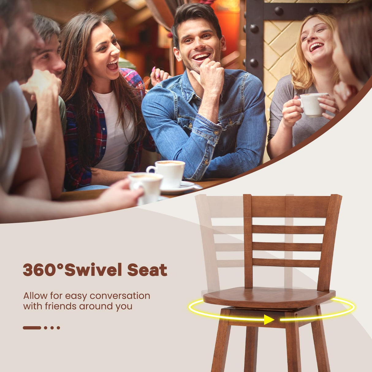 Giantex Wood Bar Stools Set of 2, 24.5" Swivel Counter Height Bar Stools with Slatted Hollow Back & Ergonomic Contoured Seat, Footrest, Farmhouse Wooden Barstools for Kitchen Island, Bar, Cafe, Walnut Giantex