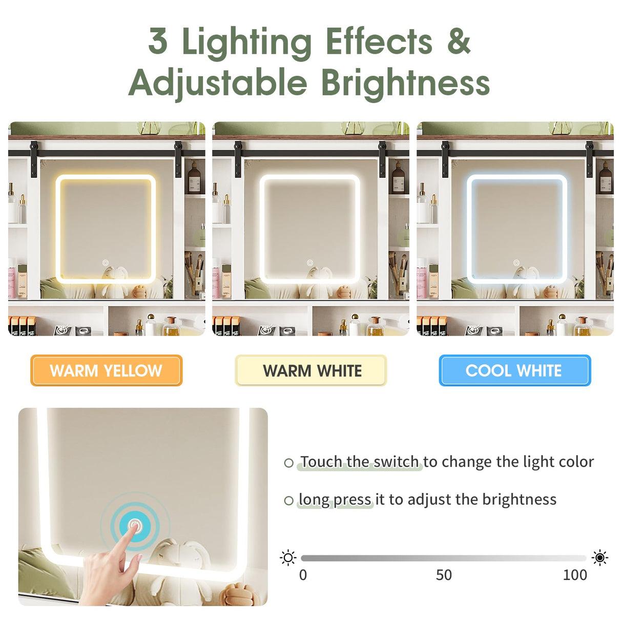 Maupvit Farmhouse Makeup Vanity Desk with Sliding Mirror, 45.5'' Vanity Set with 3 Drawers & 2 RGB LED Cabinets & Charging Station, Ample Storage, Stool Included, Antique White Maupvit