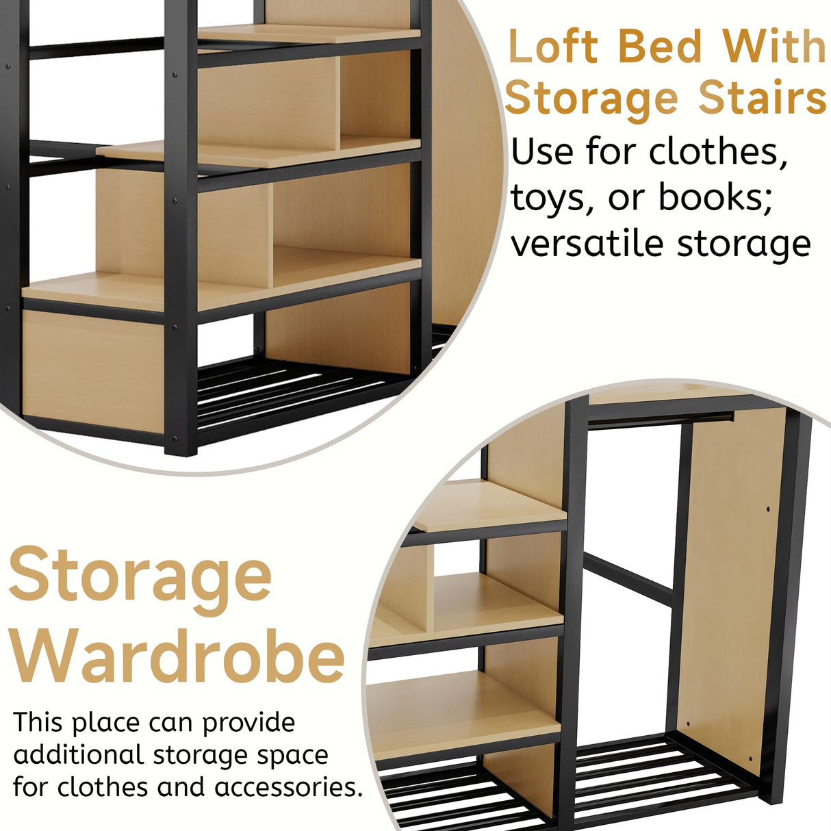 Mirightone Queen Size Loft Bed with Stairs, Metal Loft Beds, High Loft Bed Frame with Storage Shelves, Lofted Queen Bed with Wardrobe for Adults and Teens, No Box Spring Needed (Black+Natural) Mirightone