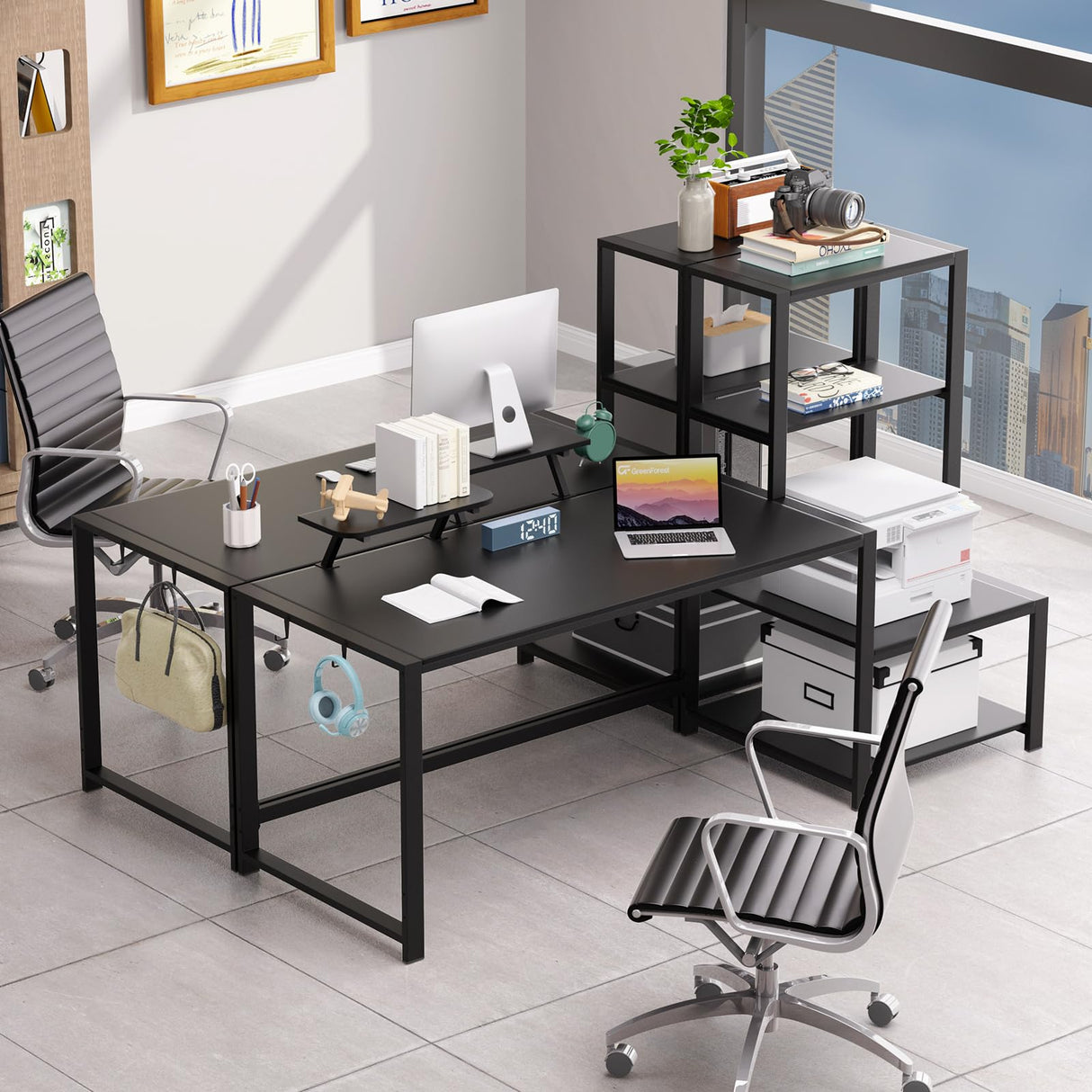 GreenForest Computer Desk 67 inch with Storage Printer Shelf, Reversible Gaming Home Office Desk Large Study Writing Table with Movable Monitor Stand and 2 Headphone Hooks for PC Working, Black GreenForest