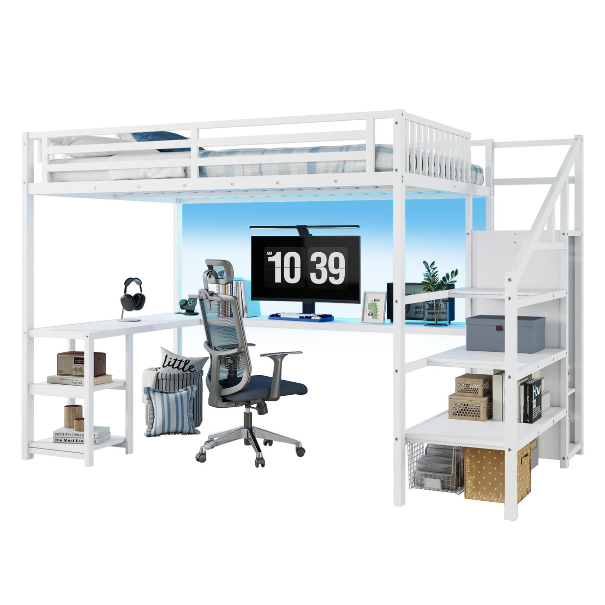 Queen Size Loft Bed with Desk and Stairs, Gaming Loft Bed with RGB LED Light and Storage, Heavy-Duty Metal Loft Beds Frame with Wardrobe, Shelves and Charging Station for Adults Kids Teens, White Mirightone