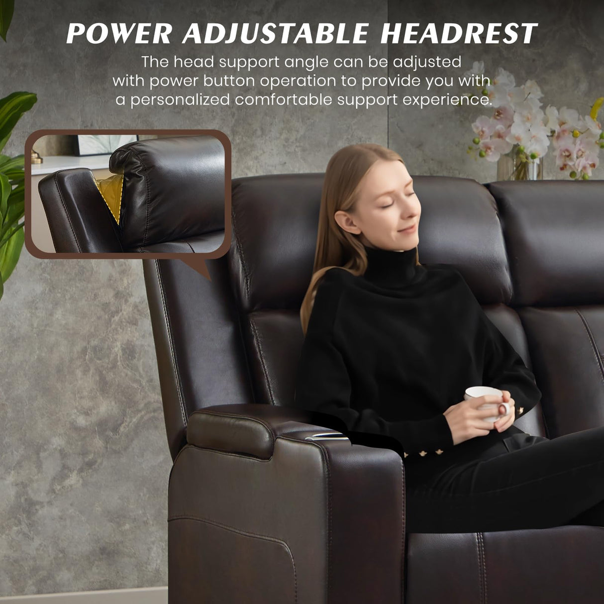 Neptane Power Reclining Sofa with Adjustable Headrest, Home Theater Seating with LED Light/Armrest Storage/Outlet/Side Pocket/Type-C USB, Power Loveseat Recliner Sofa for Home Theater Neptane